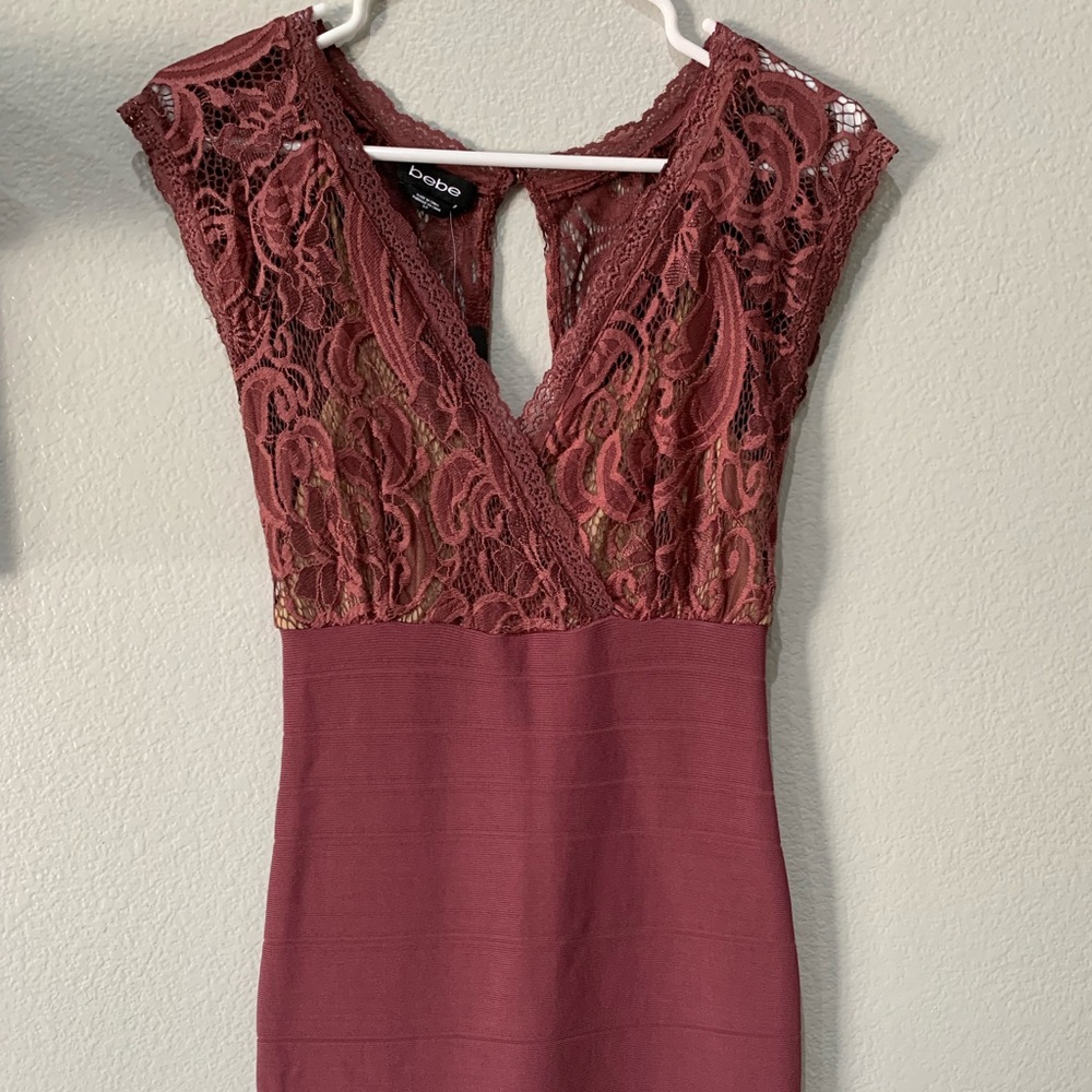 NWT BEBE bodycon lace & bandage mauve dress